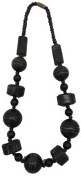 Vintage African Carved Wood Bead Necklace With Grass Inlay, 20'L, Brass Barrel Closure