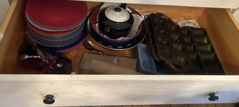 Large Drawer Filled Large Metal Cookie Molds, Cheese Board, Tea Kettle, Plastic Plates And More