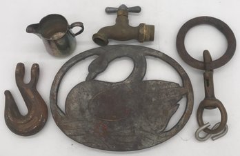 Misc. 6 Pcs Metal Lot Of Unrelated Items, Cast Iron, Silver Plated And Brass