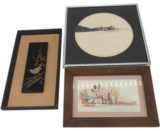 3 Pcs Unrelated Framed Arft, Signed Wood Cut 'Cross Country, Japanese Song Bird, Signed Watercolor Print