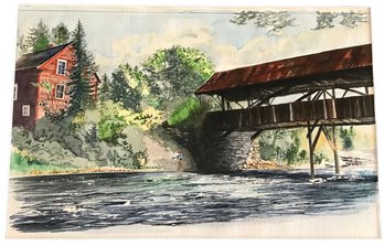 Original Matted, Unframed Water Color By David Tuttle, Trout FIshing On River With Covered Bridge