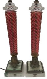 Vintage Pair Twisted Cranberry Glass Candle Stick Lamps, 23.5'H, Glass & Mirror & Bronze Plinth