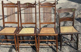 4 Pcs Vintage Cane Bottom Kitchen Chairs, Handsome Set3-Matching Oak, 17.5' X 16' X 41'H & Other Grain Painted