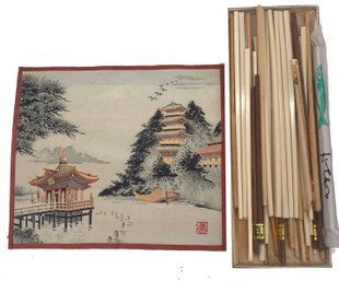 Collection Of Chop Stix And Japanese Woven Silk Picture Of Mount Fuji