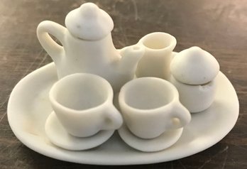 Miniature Dollhouse Size Bisque Tea Set, Tray, Tea Pot, Covered Sugar, Creamer & 2 Cups & Saucers