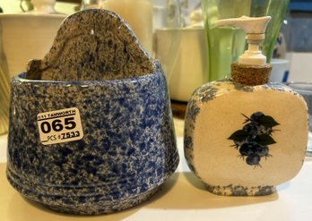 Vintage Blue & White Spongeware 6'H Wall Hanging Country Life By Emporium, Maine & Blueberry Design Pump Jar
