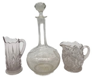 3 Pcs Antique Glasswares, 2-Pitchers And 1-Fern Etched Decanter & Stopper, 10.5'H