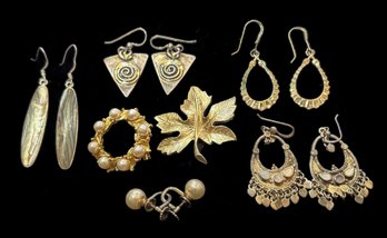 Vintage Sterling Costume Jewelry, 5 Pair Earrings & 2 Brooches