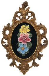 Vintage Gilt Framed Capodimonte Stye Floral Wall Hanging, 13.5'T X 9' X 2'D