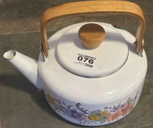 Porcelain Enameled Floral Kettle With Wooden Knob & Swing Handle, 6.75' Diam. X 7.5'H