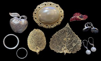 Vintage Sterling & Costume Jewelry, 2 Earrings, 2 Rings, 2 Leaf Pendants & 3 Brooches
