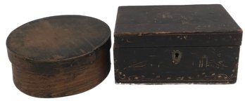 2 Antique Boxes, 1-Tin Lined Tea Caddy & 1-Blue Satin Lined Sewing Box, 6' Diam.