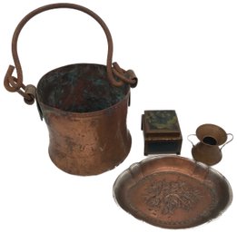 4 Pcs Copper Lot, Bucket, 11.5'H (Top Of Handle), B Altman Inkwell & Embossed Tray And Other