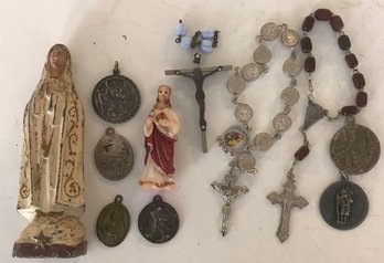 Lot Of Religious Themed Items, Crucifix, Rosaries, Pendants, Charms, Statues (Including Sterling)