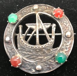 Antique Sterling Brooch With Viking Ship And 4 Carbocons, 2-Jade And 2-Coral. 1-3/8' Diam., 6.31 Dwt