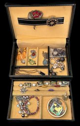 Collection Of 9 To 5 Costume Jewelry In Leather Bound Jewelry Box With Pull-Out Tray, Various Types Of Pieces