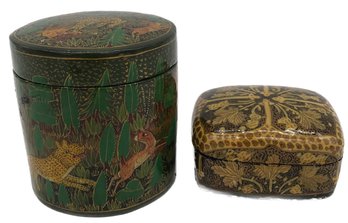 2 Pcs Hand Painted Paper Mache Covered Boxes From India, Round3.25' Diam. X 3.5'H