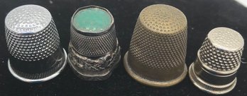 4 Sewing Thimbles, 2-Antique One Sterling With Stone & Oak Leaf & Acorns, One Brass, 2-Newer