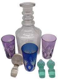 7 Pcs Vintage Glass Barware Related Items, Decanter, 8.5'H
