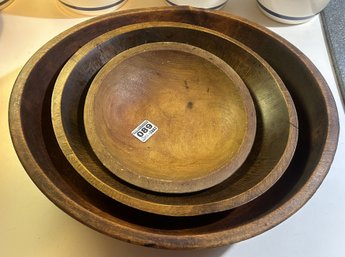 3 Pcs Vintage Oval Hand Carved Treenware Graduated Carved Bowls, Largest 14.75' X 14' X 3.5'H