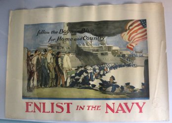 Original World War One Poster - 'enlist In The Navy' By George Hand Wright - 1872-1951