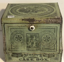 C.1879 Schepp's Green Tin Cake Box With White Porcelain Knob 11.25' X 12' X 9.25'H