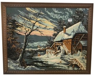 Framed Cross-Stitched Yarn Winter Scene, 28.5' X 22.75'