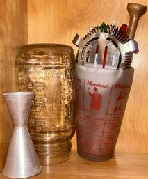 Vintage Barware, Aluminum Jiogger, Mixing Cup, Muddler, Strainer