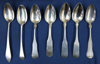 Lot Of Seven Silver Serving Spoons - Variety Of Silversmiths - Some Early Makers - See List