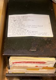 Vintage Metal Single Drawer Index Recipe Card Holder Filled With Hand Written Recipes, 7.5' X 13' X 6'H