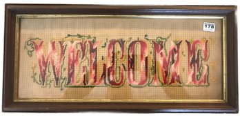 Antique Walnut Framedm Needlepoint Cross Stitch Welcome Sign, 23.25' X 10.75' X 2'