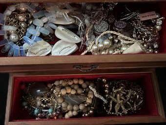 Mostly New Costume Jewelry In Vintage2-Door & 2-Drawer Jewelry Box, Lots Of Chunky Necklaces