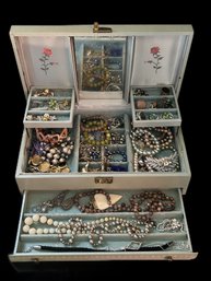 Large Collection Of Costume Jewelry In Vintage Jewelry Case, Necklaces, Bracelets, Earrings, Crosses & More