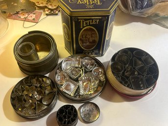 5 Set Vintage Collection Of  Miniature Tin Cookie Jelly Cutters In Storage Tins & Tetley Tea Tin 5' X 3' X 6'
