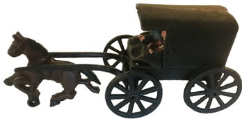 Vintage Cast Iron 4 Pcs Amish Horse & Carriage With Removable Couple And Children In Back, 8.5' X 3' X 3/5'H