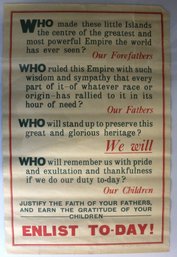 Original World War One Poster - English History Incentive Poster - 'Enlist To-day!!'