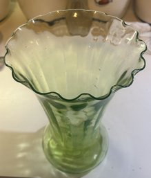 Vintage Green Glass Flower Vase With Ruffled Edge, 65' Diam. X 9.75'H, Crack To Rim