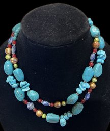 Vintage 36'L Turquoise Necklace With Large & Smaller Stones And Fresh Water Pearls, Carnelian & Sodalite