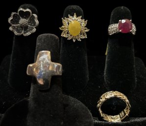 5 Pcs Collection New Sterling Fashion Rings, Some With Gemstones, All Stamped .925, Sizes 5.75-6