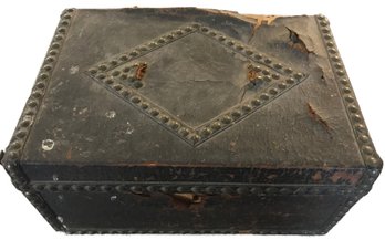 Antique Leather Bound Travel Box With Brass Nail Head Design, Restoration Project, 13' X 9' X 6.5'