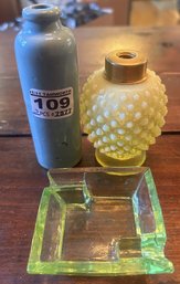Yellow Opalescent Hobnail Grenade Shaped Vessel, Tall Narrow Blue Vase Green 4.75', Uranium Glass Ashtray