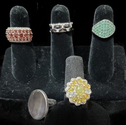 5 Pcs Collection New Sterling Fashion Rings, Some With Gemstones, All Stamped .925, Sizes 5.75-7