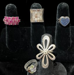5 Pcs Collection New Sterling Fashion Rings, Some With Gemstones, All Stamped .925, Sizes 6-6.75