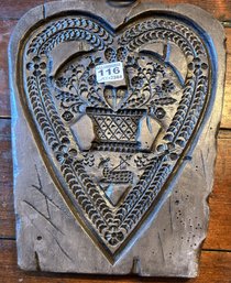 Large Reproduction Cast Resin Of Carved Wooden Treenware Heart Shaped Cookie Mold, 10' X 0.75' 13.75'H