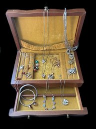 All Sterling & Gem Stone Collection Of Jewelry In Wooden Jewelry Box Marked 'SALLY 12-25-80'