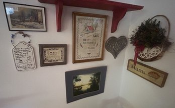 8 Pcs Various Sm Wall Decor, Vintage Framed Cross Stitched, 13'H Tin Heart, 2 Sm Pics, Wall Basket With Greens