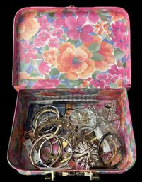 Cheery Collection Of Costume Jewelry In Flowery Handled Travel Case, Some New