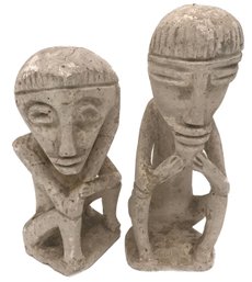 2 Pcs Similar Vintage Hand Carved Haitian Stone Statues, Largest 12.5'H