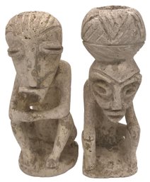 2 Pcs Similar Vintage Hand Carved Haitian Stone Statues, Largest 11..5'H