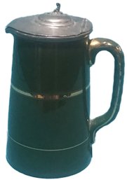 Vintage English Green Glazed Redware Syrup Pitcher With Tin Lid And Gold Bands And Trim
